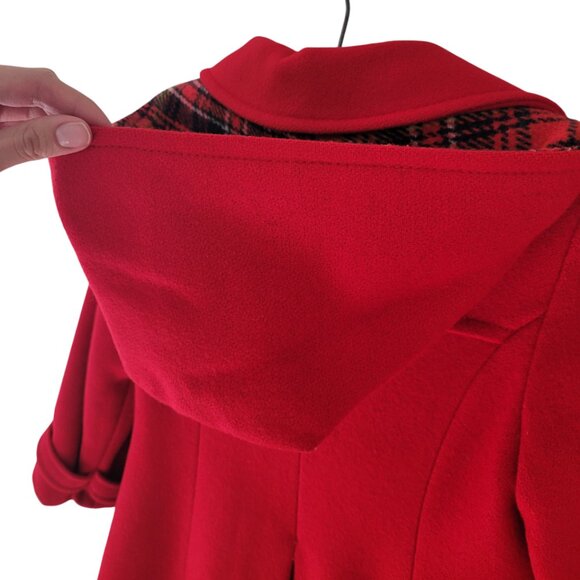 1980s Rothschild Girls Red Hooded Button Pea Coat Plaid Detail w/ Scarf size 6X - Picture 9 of 15